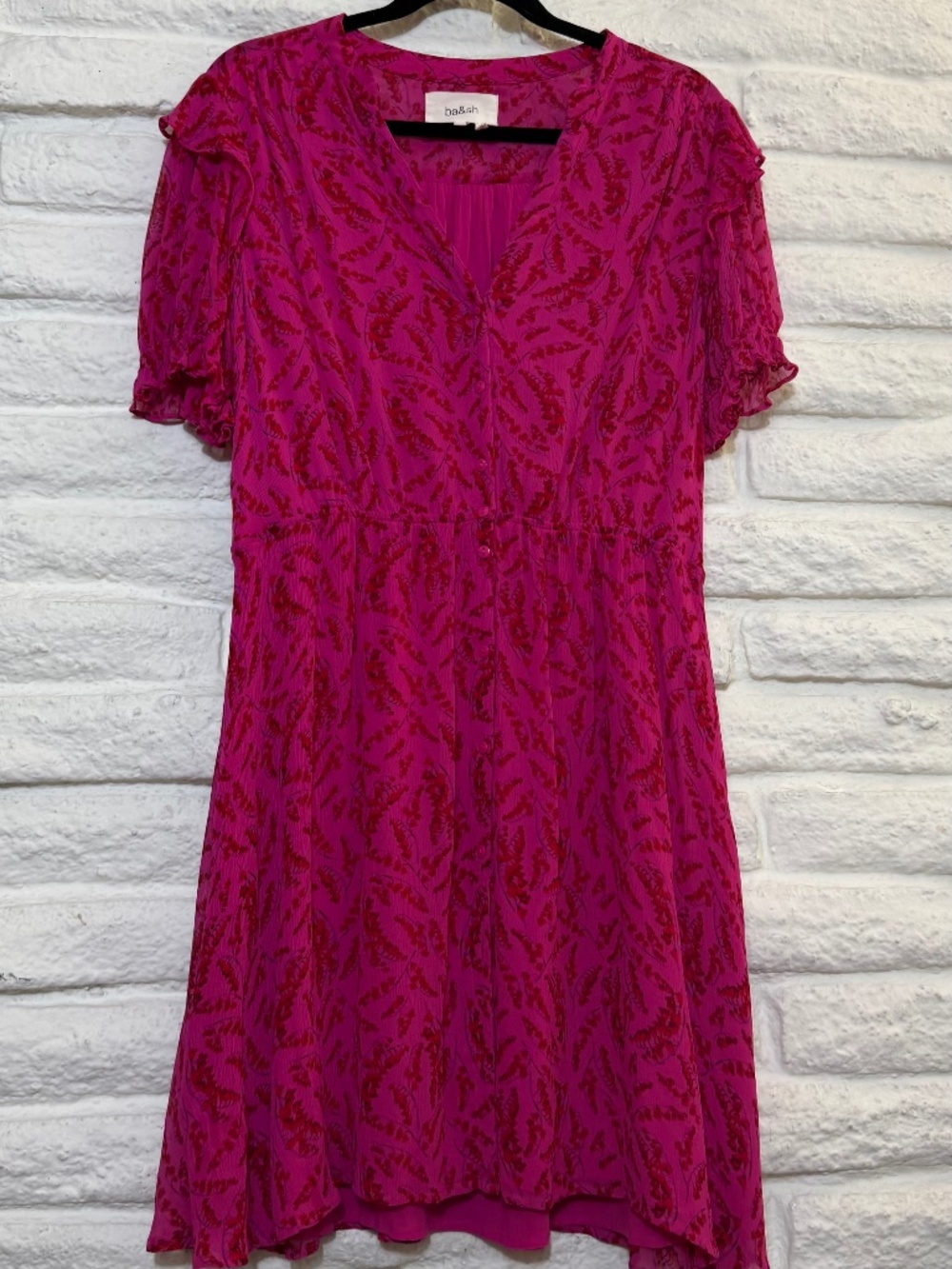 ba&sh Matcha Fuchsia Floral Ruffle Sleeve Mini Dress MEDIUM